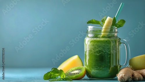 Refreshing Green Smoothie With Mint and Fruits on a Vibrant Background.