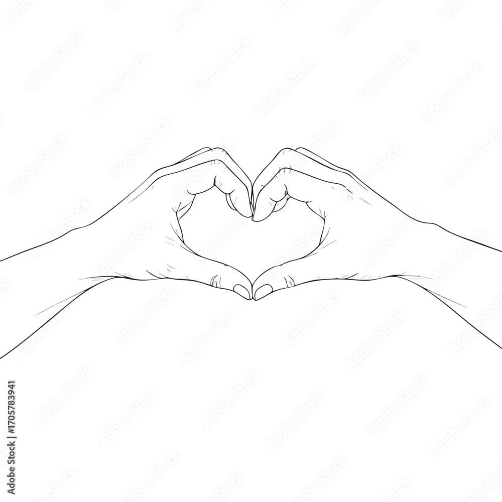Obraz premium Minimalist line art drawing of two hands forming a heart shape gesture.