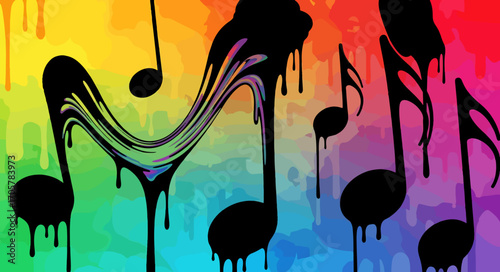 A psychedelic melody comes to life as solid black musical notes liquefy and drip across a vibrant, rainbow-colored canvas.