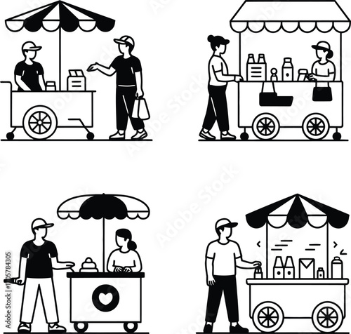 Street Vendor Icon Set – 4 Black & White Market Cart Vectors with Umbrellas, Sellers & Customers