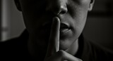 Intense monochrome portrait emphasizing secrecy with a finger over the lips conveys discretion