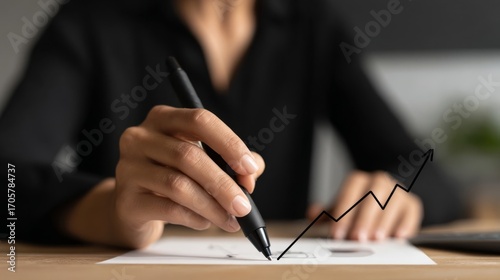 A person holding a pen points to an upward trending line graph on paper,