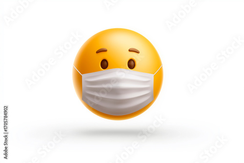 A 3D rendering of a yellow emoji or emoticon wearing a medical face mask, symbolizing health protection.