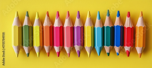 Colorful Pencils Arranged in a Neat Row on a Bright Yellow Background Showcas...
