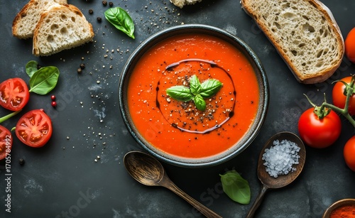 Delicious Tomato Soup With Fresh Basil Served Alongside Crusty Bread and Ripe...
