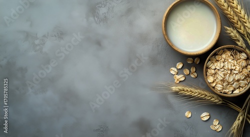 Oats and Milk in Rustic Bowls With Wheat on a Gray Background in a Cozy Kitch...