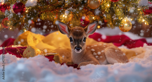 Magical Baby Deer Under Christmas Tree in Snow