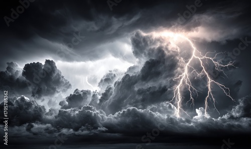 Dramatic sky with a bright lightning bolt striking through billowing, dark storm clouds, casting an eerie glow over the scene below