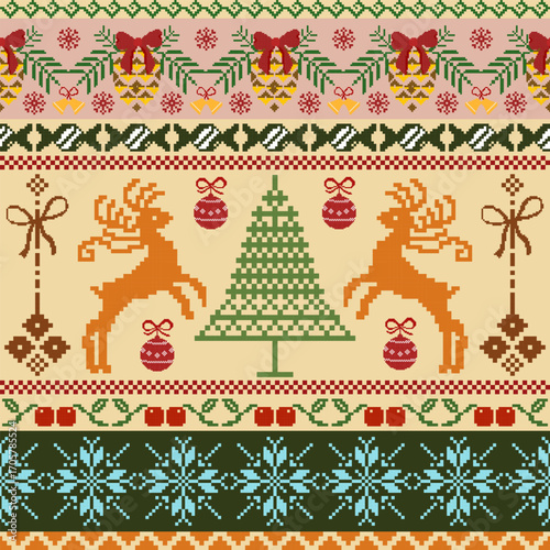 Pixel Cross Stitch Christmas Pattern with Reindeer, Christmas Tree, Bells, and Snowflakes for Holiday Textile, Embroidery, fabric, Vector Illustration and Textile Design, wallpaper, and decoration.