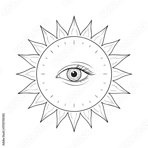 Mystical sun symbol with an allseeing eye a handdrawn black and white esoteric illustration.