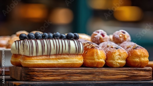 Glazed donuts, one topped with blueberries and chocolate, sit atop a dark, textured wooden board with blurry background