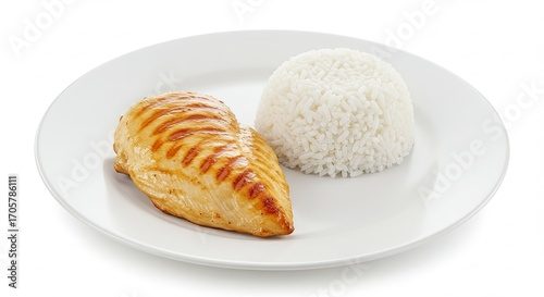 Grilled Chicken Breast with White Rice on Plate Isolated