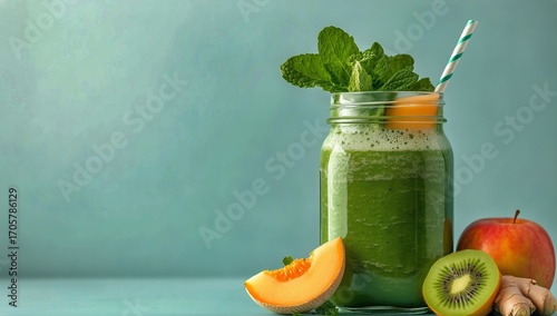 Refreshing Green Smoothie With Mint and Fruits on a Vibrant Background