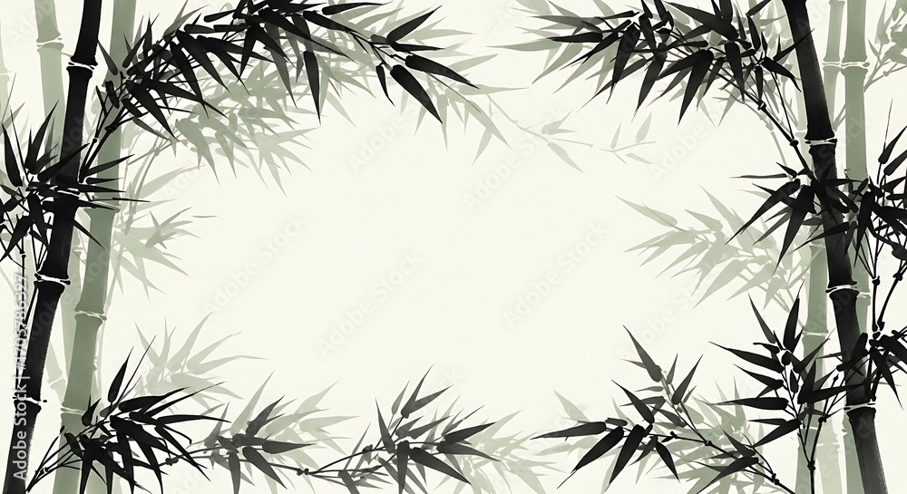 Obraz premium Bamboo stalks and leaves form a frame on a light background in a sumi e style painting with shadows