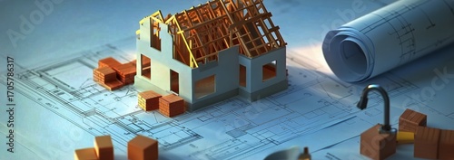 Model House Construction on Blueprints With Building Materials and Tools in a...