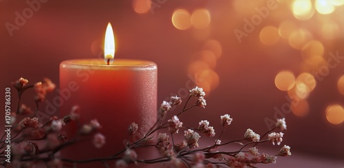 Candle Surrounded by Pink Flowers Creates Warm Ambiance in a Cozy Setting.