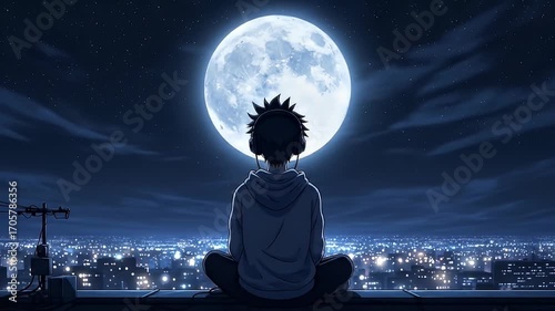 A silhouette of a boy sits under a large glowing full moon. lofi