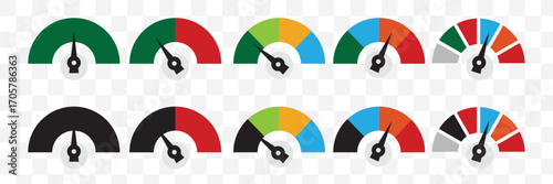 Set of colorful speedometer, gauge meter icons. Scale level of performance. Green and red, low and high barometers, dashboard with arrows. Infographic of risk, gauge, score progress. 