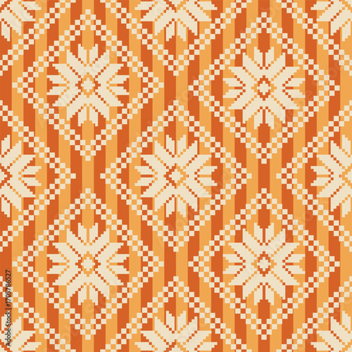 Seamless Pixel Cross Stitch Diamond Pattern with Orange and Cream Nordic Snowflakes Geometric Floral Motifs for Embroidery, fabric, Vector Illustration and Textile Design, wallpaper, and decoration.