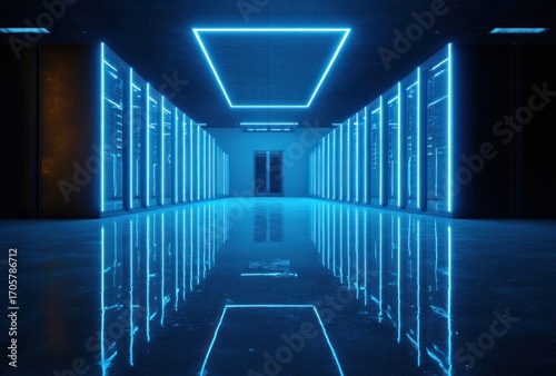 Futuristic server room hallway with glowing blue neon lines and reflective floor. Shows a long perspective of servers
