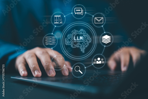 LLM large language model and custom AI solutions. Artificial intelligence driven automation technology. Person using laptop computer for training and instructing AI.