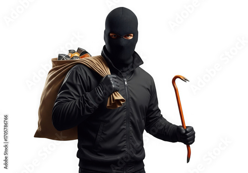 Burglar in ski mask with crowbar and loot bag personifying crime and intrusion transparent background