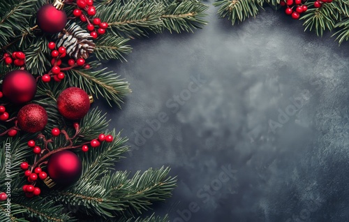 Christmas Decorations With Pine Branches and Red Ornaments on a Dark Background