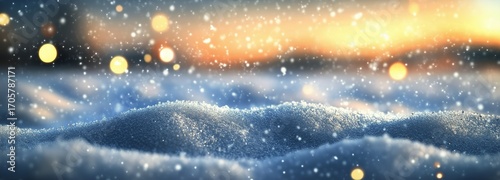 Snowflakes Fall Softly Over a Winter Landscape at Sunset With Glowing Lights ...