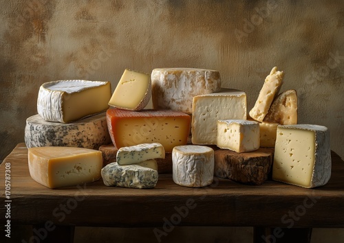 Assortment of Various Cheeses Displayed on Wooden Surface in Warm Lighting