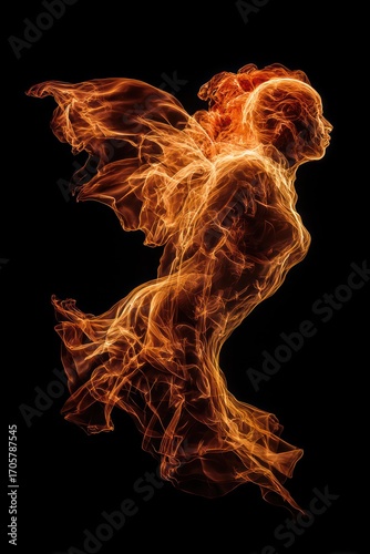 Fiery female form A woman's silhouette outlined with swirling, vibrant flames against a stark black backdrop, evokes power and ethereal beauty