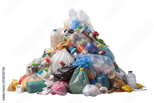 Pile of mixed recyclable and non-recyclable waste materials including plastic bottles, bags, and containers, isolated on a transparent background