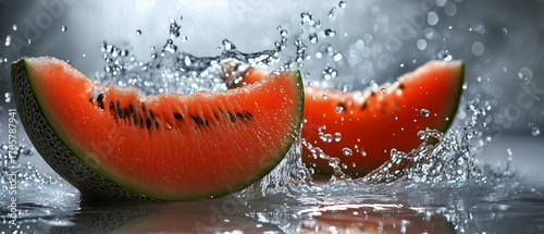 Fresh Watermelon Slices Create Splashes in Water During a Summer Day