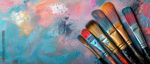 Brushes Arranged on Vibrant Colorful Artistic Background for Creative Expression