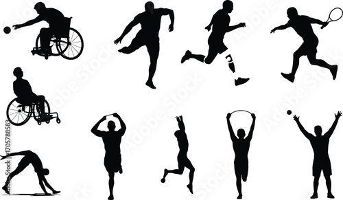 Disabled athlete sports silhouettes, inclusive active people vector icons, wheelchair and prosthetic runner shapes, dynamic fitness poses, isolated editable flat vector illustration