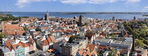 Panorama, view from 84 metres above the city, bottom left Neuer Markt, rear left St. Nikolai Church, centre cultural church St. Jakobi, rear island of Rügen, St. Marien Church, basilica, late Gothic, three-aisled with transept, first mentioned in 1298, Neuer Markt, Old Town, UNESCO World Heritage Site, Hanseatic City of Stralsund, Mecklenburg-Western Pomerania, Germany