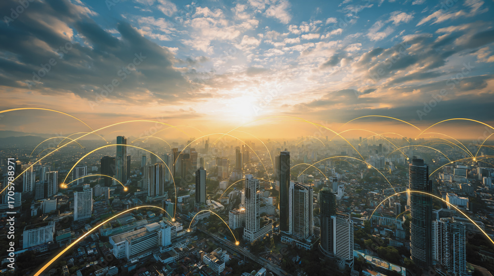 Naklejka premium Sunshine in the Smart digital Innovation city with connection network reciprocity over the cityscape. of future smart wireless digital city and social media networking systems that connects people