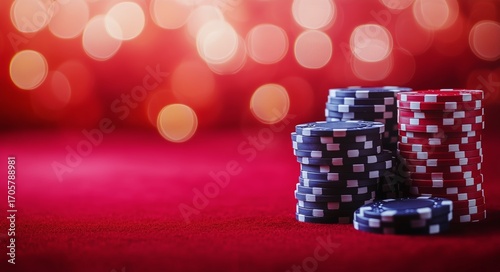 Stacked Poker Chips on a Vibrant Background During a Casino Night Event.