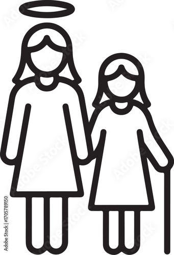 Angel and elderly woman holding hands with walking stick