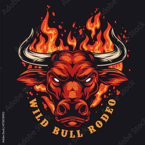 Bull head design with flames for rodeo theme