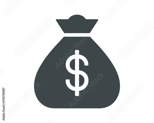 Monochrome money bag with a dollar symbol representing financial concepts such as investment, profit, and banking. A simple business wealth and savings graphic element