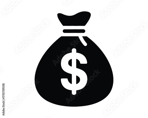 A simple black vector icon of a money bag with a dollar sign, isolated on a white background. A classic symbol for finance, savings, wealth, and banking