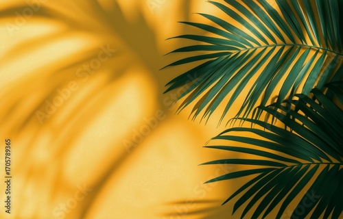 Shadows of Palm Leaves Against a Vibrant Yellow Background Create a Tropical ...