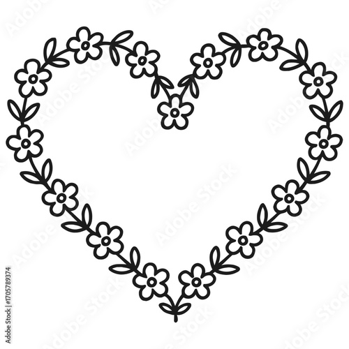 Floral heart outline made of flowers symbolizing romance, spring, wedding, love and beauty