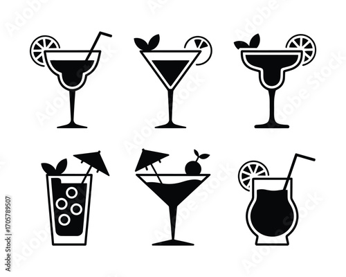 A minimalist collection of cocktail glass icons. This vector set features various alcoholic drink symbols perfect for a bar menu or summer party design elements
