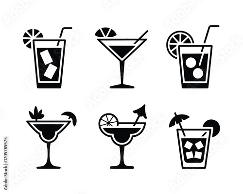 A simple vector set of black cocktail and drink icons. Collection of summer beverage symbols in different glasses for bar or party menu design.