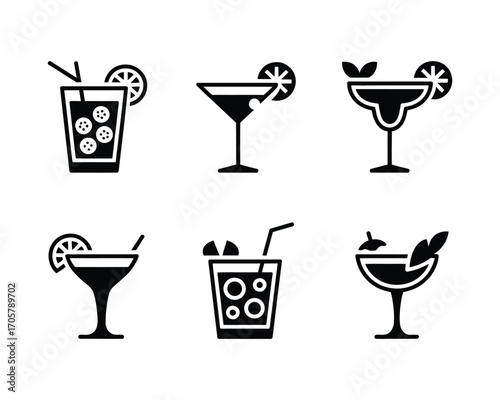 A simple collection of black glyph icons depicting various cocktails and alcoholic beverages, isolated on a white background for graphic design.