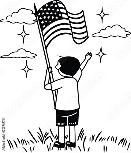 Child holding American flag with stars and clouds holding flag