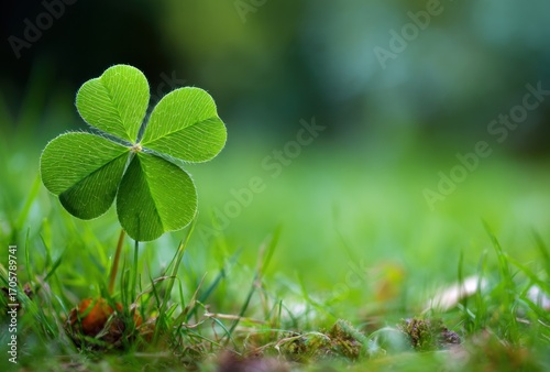 A bright four-leaf clover stands out in a grassy field with blurred greenery in the background, creating a peaceful, hopeful feeling