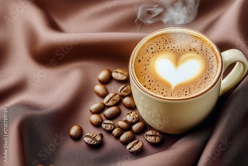 Warm Cup of Coffee With Heart Design and Coffee Beans on Soft Fabric Backdrop.