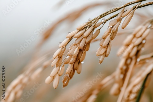 Golden Rice Close-up: A detailed shot of a golden rice plant, glistening with water droplets, showcasing nature's intricate beauty and the promise of nourishment.